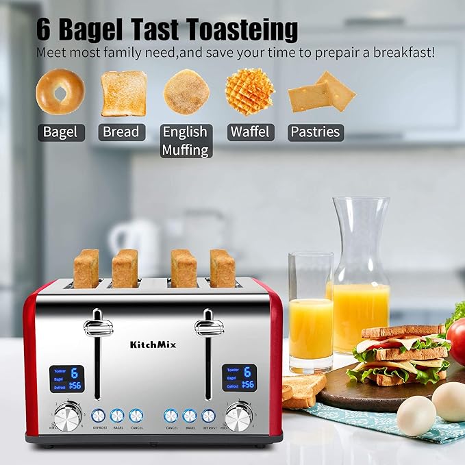 Toaster 4 Slice, KitchMix Bagel Stainless Toaster with LCD Timer, Extra Wide Slots, Dual Screen, Removal Crumb Tray (Red)