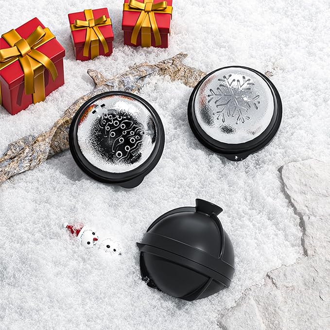 Novelty Christmas Tree Snowflake Ice Ball Maker Mold Set of 2, Christmas Ornament Ice Molds, 2.4" Large Holiday Round Whiskey Ice Cube Mold for Bourbon, Cocktails, Gifts for Men