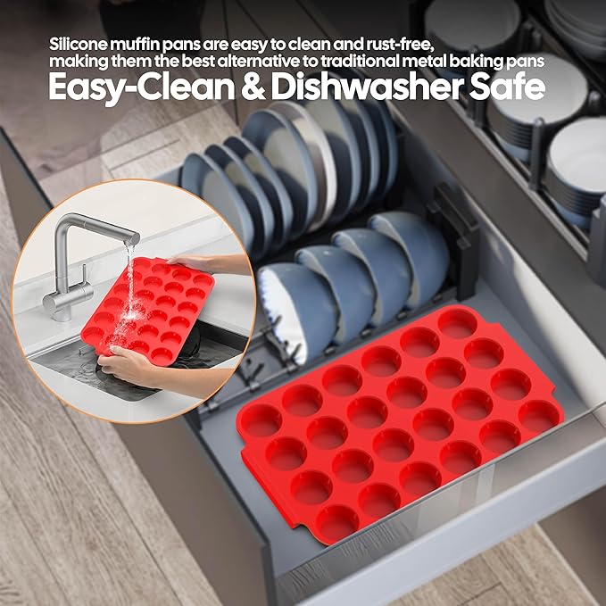 Silicone Muffin Pan for Baking - Premium 24-Cup Nonstick Muffin Pan, Easy Release & Clean, Dishwasher Safe Muffin Tray for Perfect Cupcakes, Muffins & More