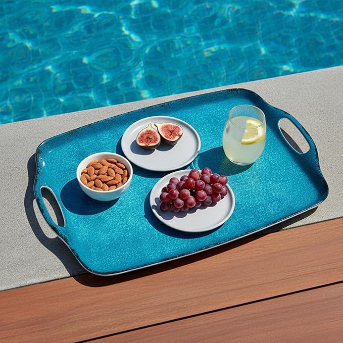 TP Serving Trays with Handles, 17 x 12 Inch Melamine Serving Platters for Food, Meat, Set of 2 Rectangular Trays for Eating, Retro Teal