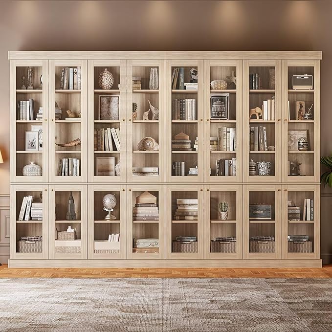 70.8" Tall Brown Bookshelf with Glass Doors, Farmhouse Modular Bookcase with 6-Tier Adjustable Shelves, Large Storage Cabinet for Home Office, Living Room, Set of 4