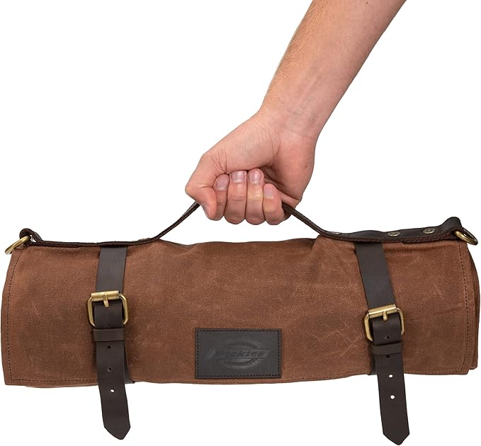 Dickies Chef Knife Roll Bag Portable Organizer and Cutlery Storage Roll, Waxed Canvas and Leather, Medium