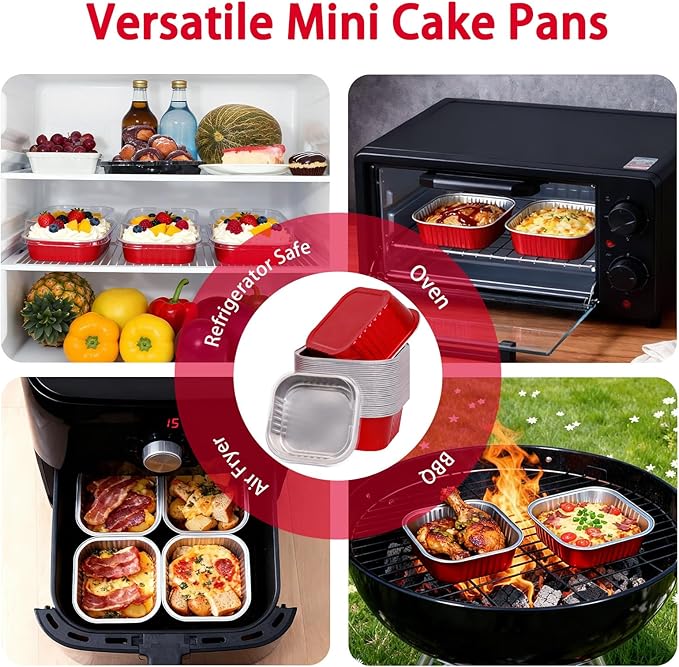 FORBFAN 8 oz Mini Disposable Cake Pans with Lids, 150 Pack Aluminum Foil Square Baking Cups with Spoons, Disposable Baking Cake Tins Red