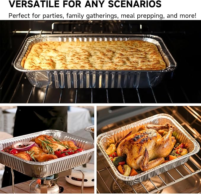 Aluminum Baking Pan Half-Size, 9x13 Inches, Heavy-Duty Disposable Aluminum Foil Pan, Deep Baking Pan Suitable for Cake Baking, Cooking, Roasting, Heating, and Steaming Meal Tray (10 PACK)