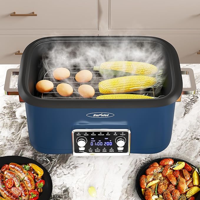 Sunvivi 8 Quart Slow Cooker Roaster Oven, 12 in 1 Programmable Multi-Cooker Food Warmer with Digital Timer, Temp Control, Removable Cast Aluminum Pot & Dishwasher-Safe Tempered Glass Lid, Blue