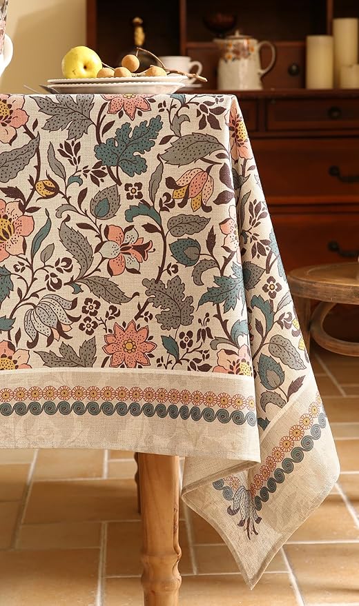 ISAENNE Designer Boho Floral Extra Long Tablecloth Rectangle,Linen Lotus Flower Pattern Colorful Table Cloth,Durable Decor Tablecloths for Dining Thanksgiving Kitchen Christmas,67"*118"-Hazel A