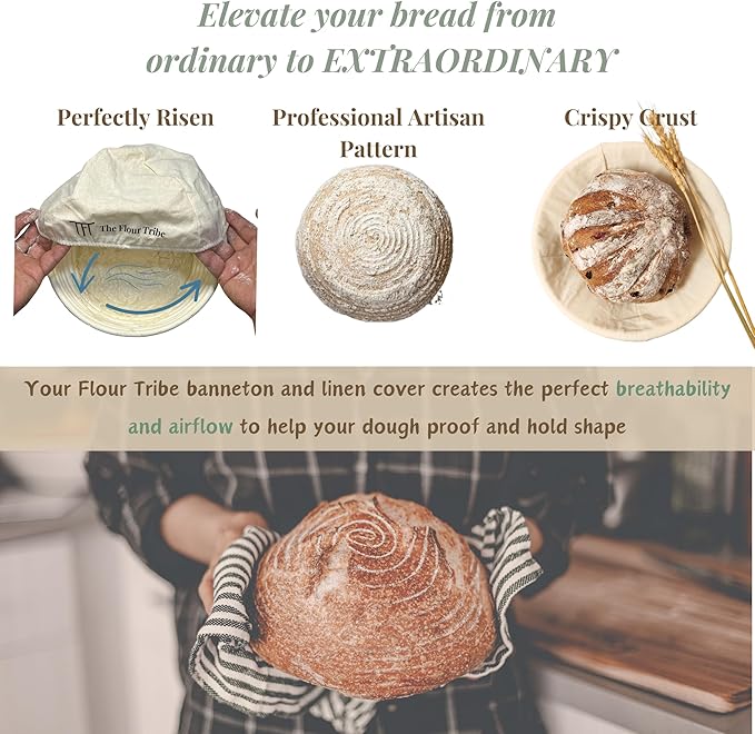 Banneton Bread Proofing Basket Set: Sourdough Starter Kit - 9 inch Round Rattan bowl, Scoring lame, dough scraper, bread bag, Sourdough Bread Baking Supplies Tools - Baking gift set