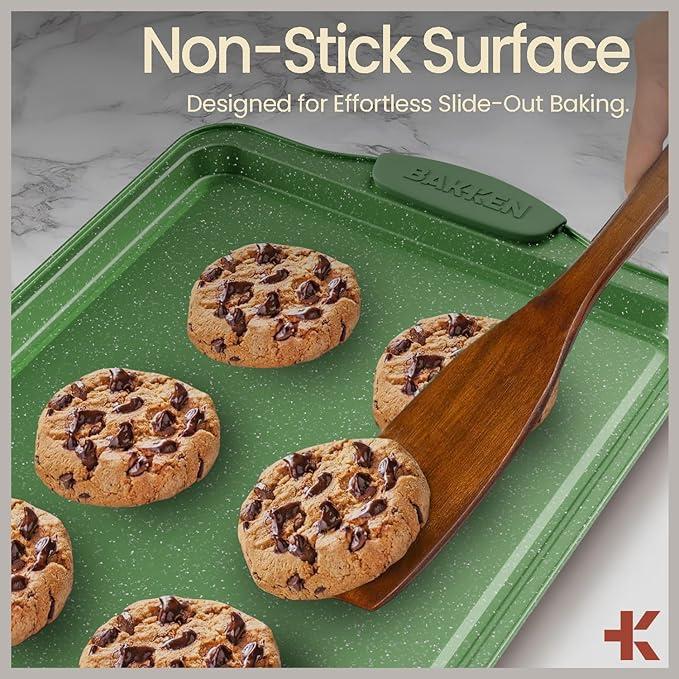 BAKKEN Kitchen Baking Pan Set - Nonstick Green Marble Coating, Carbon Steel Bakeware Sets with Green Silicone Handles, Kitchen Essentials, PFOA, PFOS, PTFE Free, Oven Safe (Up To 450° F), Set of 18