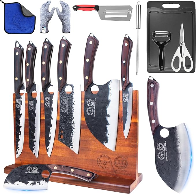 XYJ Knife Block Set, Knives Set with Holder, Cutting Board, Scissors, Gloves, Sharpening Stick, Washing Cloth, High-Carbon Steel Blades, Chef's Knives, Cleaver, Carving Knife, Nakiri, Full Tang Design