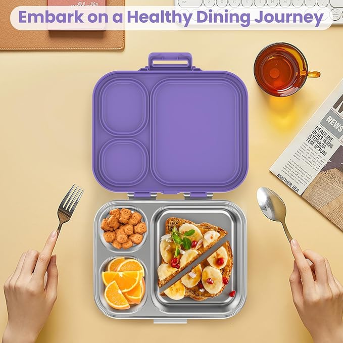 Stainless Steel Bento Lunch Box for Kids | 3-Compartment Lunch Box Container Kids | 100% Leakproof, Eco-Friendly, Perfect Portion Control for Kids&Adult Healthy Meals (Purple)