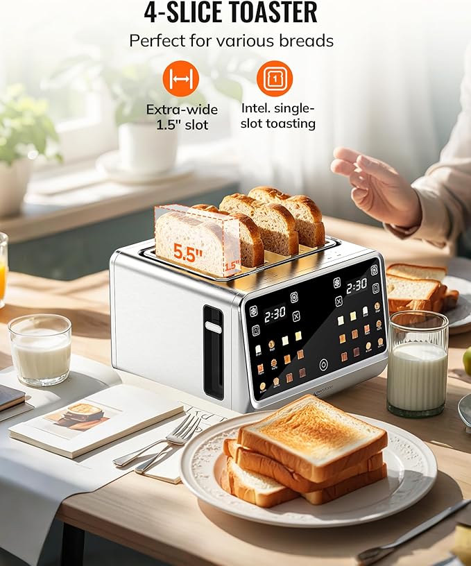 Toaster 4 Slice with TouchScreen, Memory Function & Single-Slot Focus, Keenstone 1800W Smart Digital Toaster for Ultimate Control, Wide Slot to Reheat & Defrost Bagels, Bread, Waffles, Stainless Steel