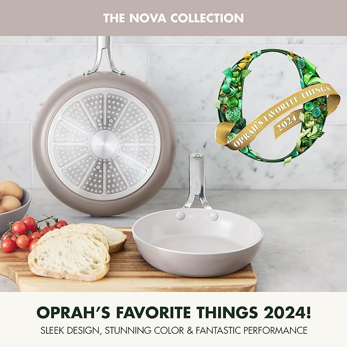 GreenPan Nova 8” & 10” 2 Piece Frying Pan Skillet Set, Oprah’s Favorite Things 2024, Induction Suitable PFAS-Free Nontoxic Ceramic Nonstick, Dishwasher & Oven Safe, Quick Even Heating, Clay