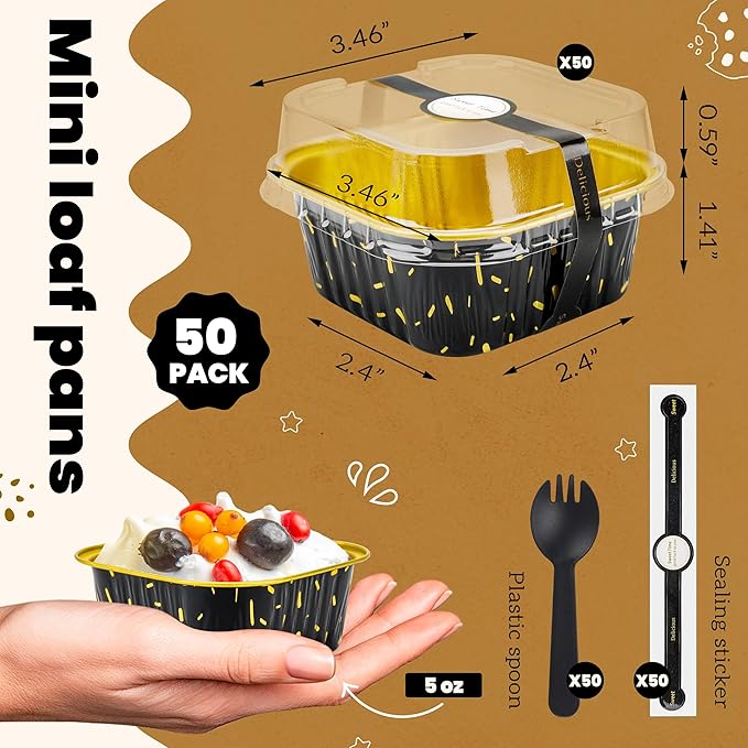 50 Pack Mini Cake Pans with Lids and Spoons Aluminum Foil Pans Square Cake Tins for Bakery Party Wedding (Black Gold Spot,5 oz)