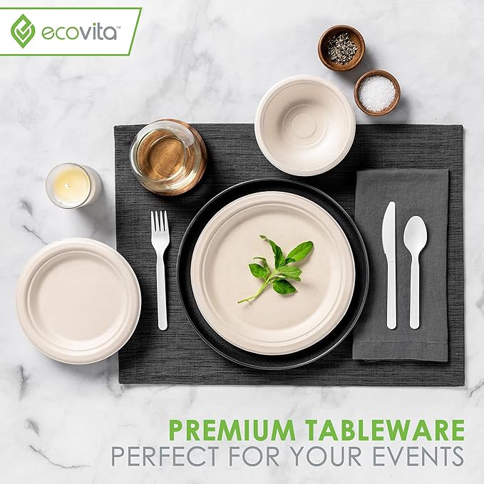 100% Compostable Forks - 140 Large Disposable Utensils (7 in.) Eco Friendly Durable and Heat Resistant Alternative to Plastic Forks with Convenient Tray by Ecovita
