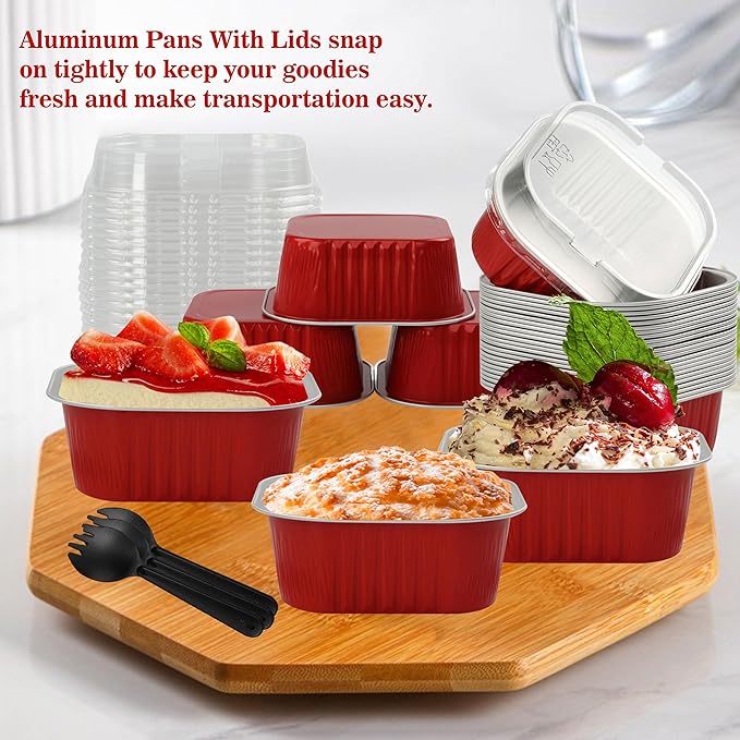 Baking Cups With Lids, BAKINGPAK 30PCS 10oz Square Mini Cake Pans With Lids Disposable Cupcake Containers Individual Cake Pans with Lids Mini Aluminum Pans with Lids for Children Party Birthday, Red
