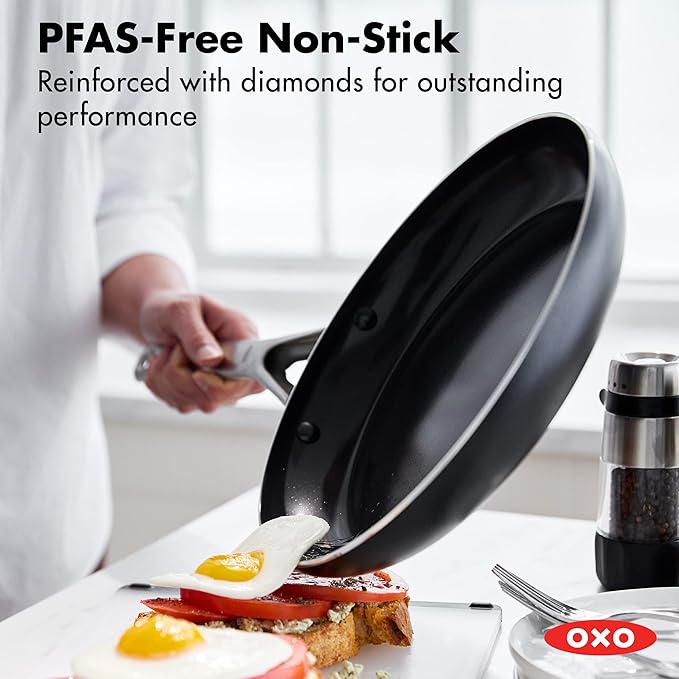 OXO Agility Series 12" Frying Pan Skillet, Ceramic Nonstick Cookware PFAS-Free, Induction Suitable, Quick Even Heating, Stainless Steel Handle, Chip-Free Rims, Dishwasher and Oven Safe, Black
