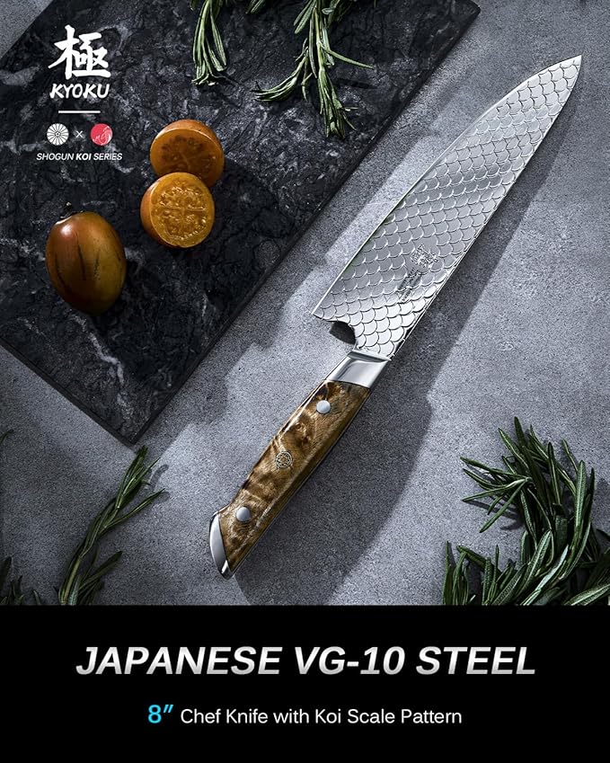 KYOKU 8" Chef Knife with Non-Stick Koi Scale Pattern, Japanese VG10 Stainless Steel Chef's Knife with Sheath & Gift Box, Shogun Koi Series Full Tang Professional Kitchen Knife with Camphorwood Handle
