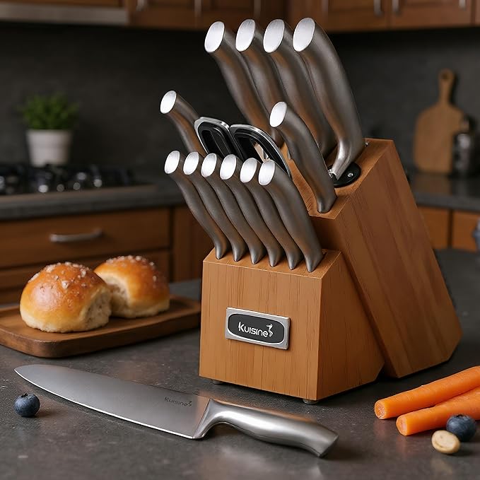 Kuisine Chef Knife Set Upgraded One Piece Molding Ultra Sharp Blade Ergonomic Handle,Kitchen Knife Block Set with Built-in Sharpener(Silver Acacia,15PCS)
