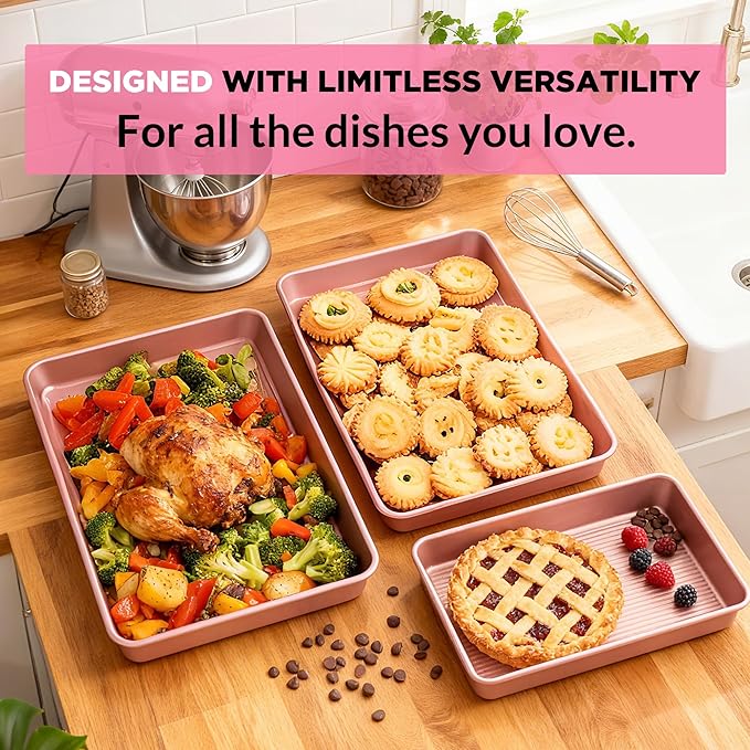 Saker nonstick baking sheet pan set,Multi-Use Non-Stick Baking Pan Set, Stackable Carbon Steel Cookie Sheets for Even Baking, Roasting & Meal Prep, Oven Safe & Easy Clean (pink)