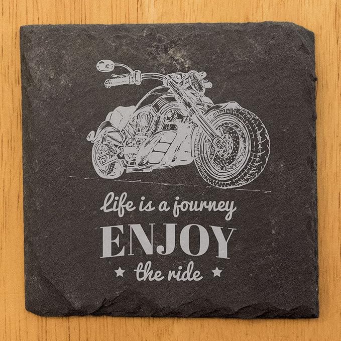 The Open Road Awaits: Motorcycle Coasters with Inspirational Quote - Square Slate - Set of 4