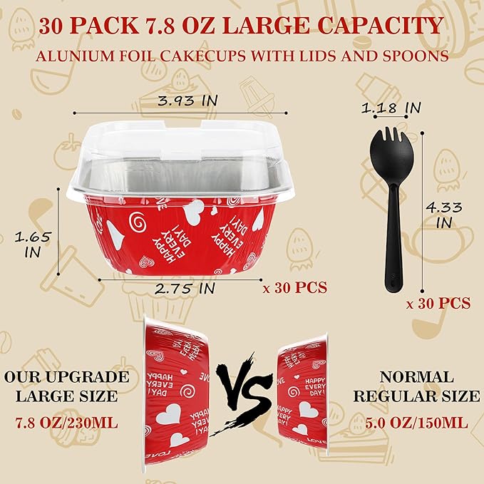 30PCS 7.8OZ Foil Baking Cups with Lids - Mini Cake Tins & Pans for Holiday Gifts, Happy Hour