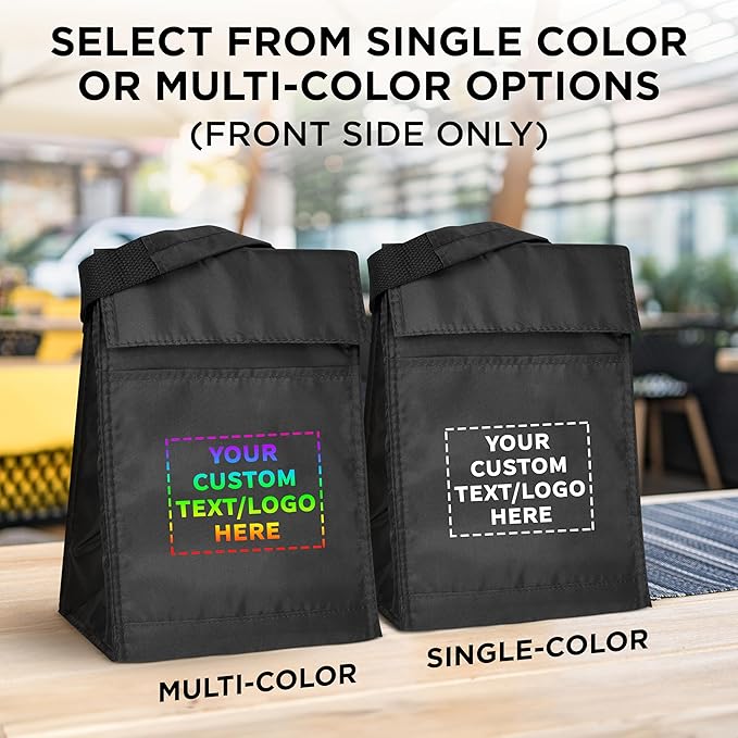 DISCOUNT PROMOS 100 Hook and Loop Insulated Lunch Bags Set - Customizable Text, Logo - Polyester, Durable, Vibrant, Reusable - Black