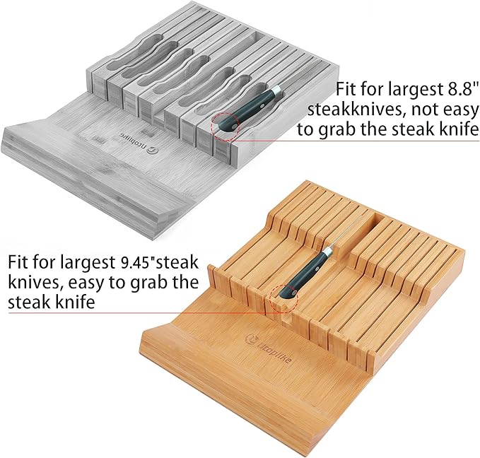 Utoplike In-drawer Knife Block Bamboo Kitchen Knife Drawer Organizer Large, Handle Steak knife Holder without Knives, Fit for 16 Knives and 1 Sharpening Steel (Knives & Sharpening Not Included)