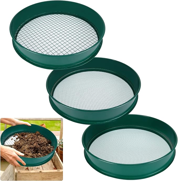 Soil Sifter, 3PCS Soil Sifter Set for Gardening, Stainless Steel Sifter（1/2", 1/4", and 1/8"）