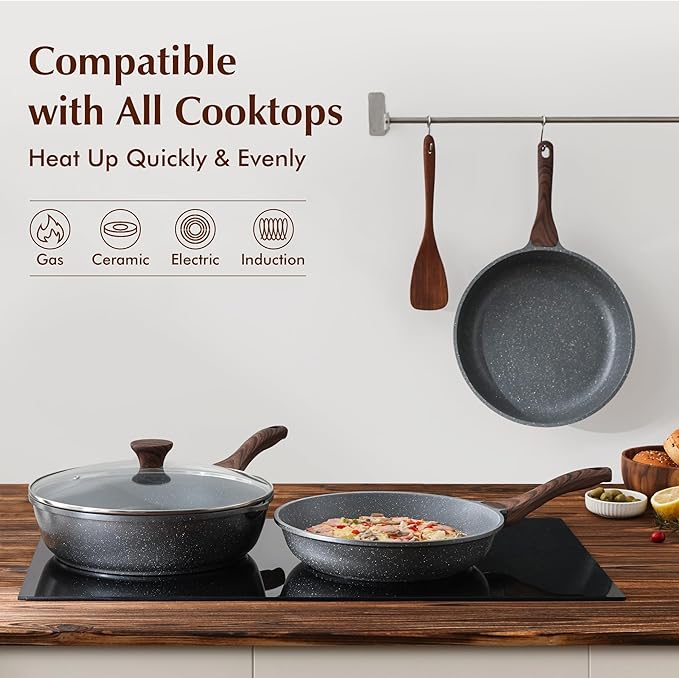 SENSARTE Nonstick Frying Pan Skillets, Swiss Granite Coating Omelette Pans, Healthy Cookware Chef's Pan, Free of Intentionally Added PFOA (9.5+11+12.5 Inch)