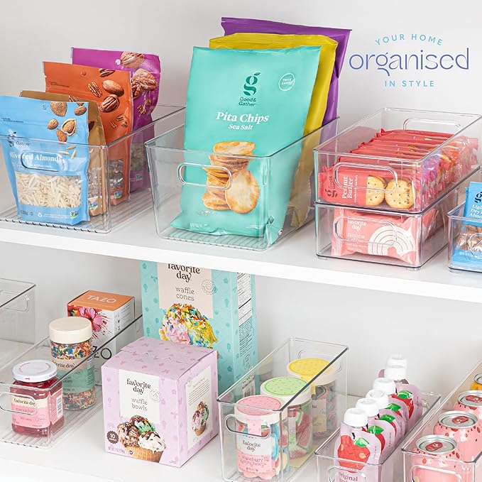 Plastic Food Storage 2 Pack Clear Container Bin with Handles for Organizing Kitchen, Pantry, Refrigerator, Freezer, Pantry, Cabinet, Closet, Bathroom. 10”x7.5”x5.3”