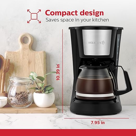 Holstein Housewares 5 Cup Drip Coffee Maker – Compact and User-Friendly with Auto Pause & Serve, Reusable Filter, Measuring Spoon & Glass Carafe, Office & Dorm Use, Black