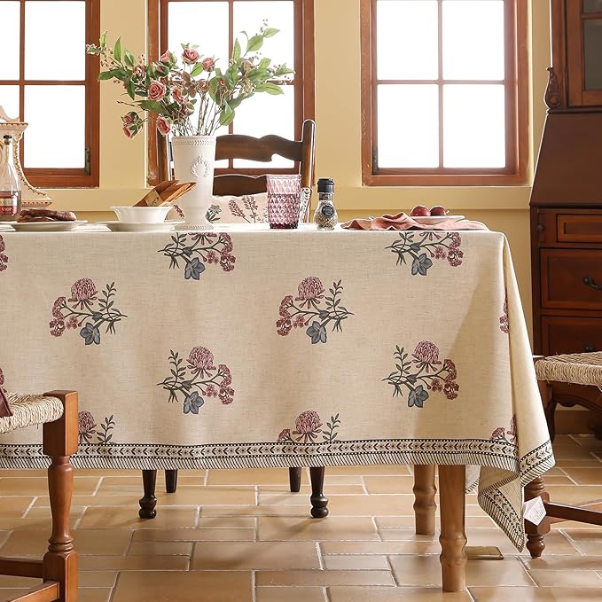 ISAENNE Designer Linen Light Beige Square Tablecloth,French Colorful Floral Table Cloth,Fall Stain Resistant Decor Tablecloths for Dining Thanksgiving Christmas Kitchen,67"*67"-Helena E