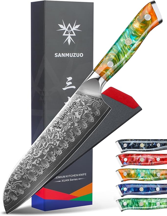 Santoku Knife - 7 inch - Xuan Series - VG10 Damascus Steel Kitchen Knife - Resin Handle (Fantasy Orange)