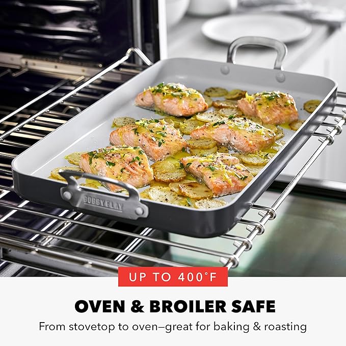 GreenPan x Bobby Flay 18" x 11" Nonstick Double Burner Griddle, PFAS-Free Ceramic Double Stovetop Skillet, Stainless Steel Handles, Dual-Use Cooking, Easy Clean Dishwasher & Oven Safe Pan, Gray