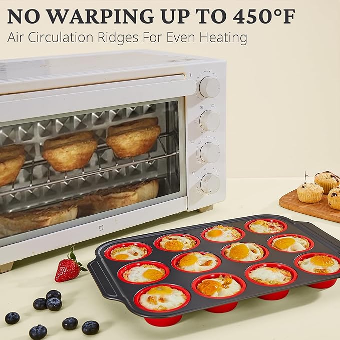 Silicone Muffin Pans for Baking with Metal Frame, Egg Bite Molds, Cupcake Pans 12 Regular Size, Muffin Tins Easy to Pop Nonstick Non Toxic Bakeware for Oven, Red