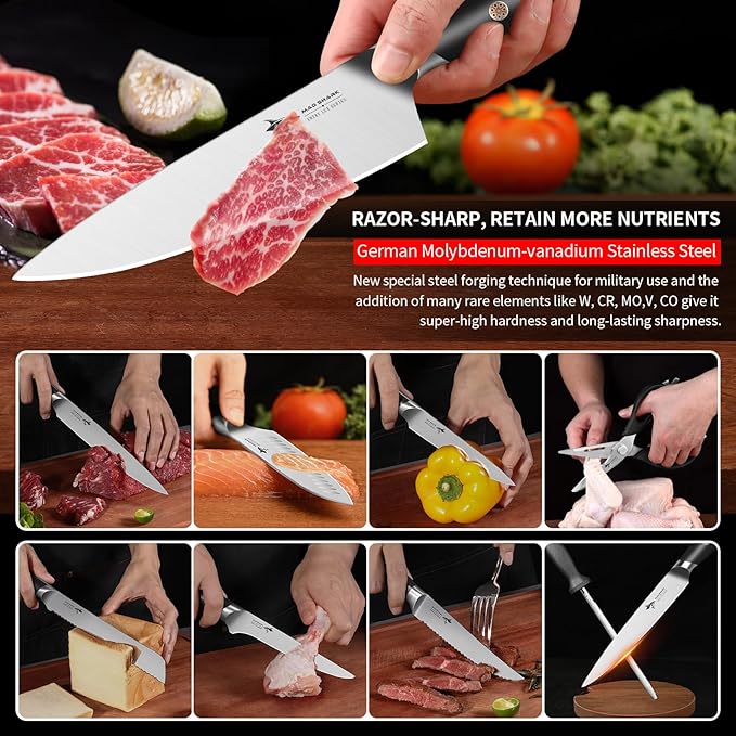 MAD SHARK Knife Set, 17 Pieces Kitchen Chef Knife Set with Block, Precision Forged High Carbon Stainless Steel Ultra Sharp Knives Block Sets, Home Cooking Perfect Cutlery Set Gift Box