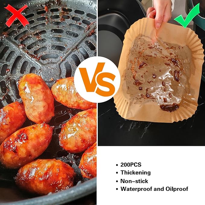 200Pcs Air Fryer Paper Liners, 8 Inch Square Disposable Paper Liner, Non-stick Parchment Paper for Frying Baking Roasting Microwave Oven