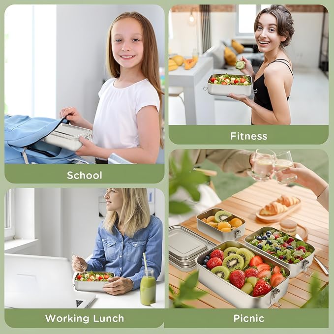 304 Stainless Steel Bento Box,3 Pack Stainless Steel Containers With Lids 2400/1400/850ml,Leak-Proof & Stackable Metal Lunch Box Food Storage Containers for Work Work,Picnic