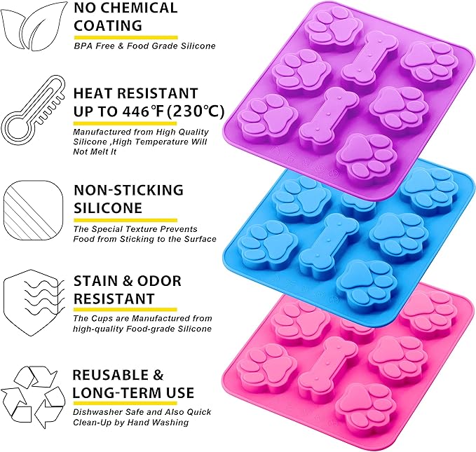 Anaeat 3 Pack Silicone Molds with Puppy Dog Paw and Bone Shaped 2 in 1, Reusable Non-Stick Ice Cube Trays & Flexible Candy Chocolate Molds for Homemade Dog Treats, Pudding, Jelly & Baking Biscuits