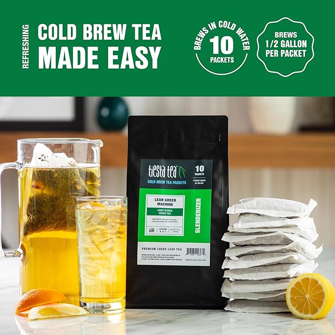 Tiesta Tea - Lean Green Machine Cold Brew, Loose Leaf, Light Citrus Green Tea, Medium Caffeinated Blend, Cold Brew Packets, Makes 64 oz Per Bag (Pack of 10)