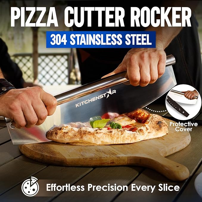 KitchenStar 16-inch Pizza Making Set, 6 PCS - Pizza Stone + Stainless Steel Rack, Acacia Wood Pizza Peel, Pizza Cutter Rocker + Protective Cover, Metal Brush - Oven & Grill Accessories Kit