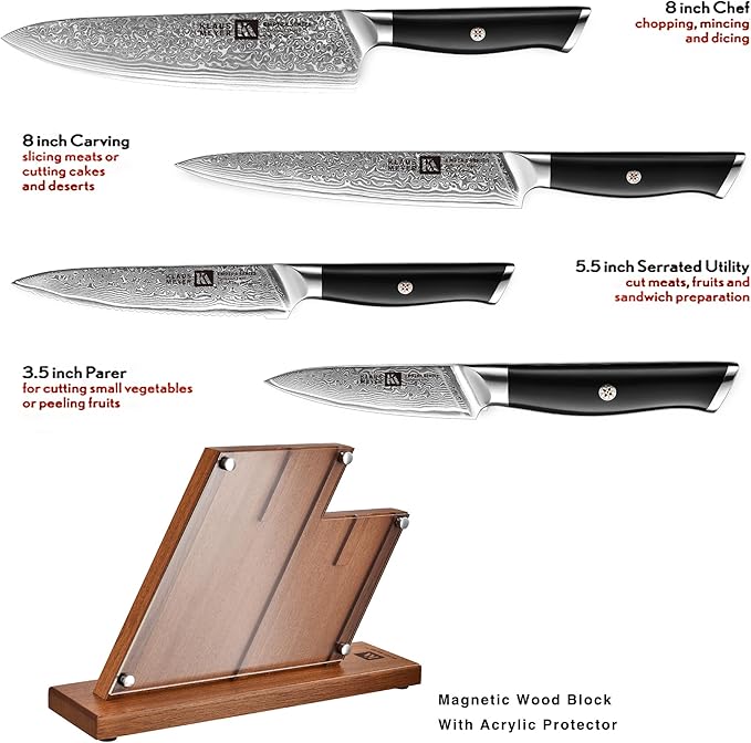 Klaus Meyer 5 Piece Damascus Knife Block Set, 67-Layer High Carbon Damascus Steel, Ultra-Sharp Kitchen Knife Set with Magnetic Wooden Block