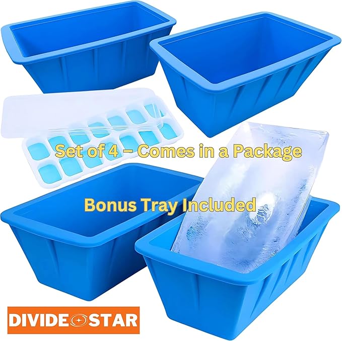 Extra Large Ice Molds 32LB – Set of 4 Silicone Ice Makers for Ice Baths & Cold Plunge, Reusable Giant Ice Cube Blocks, Home & Outdoor Coolers, Freezer Accessories, plus DIVIDE STAR 14-grid Ice Mold