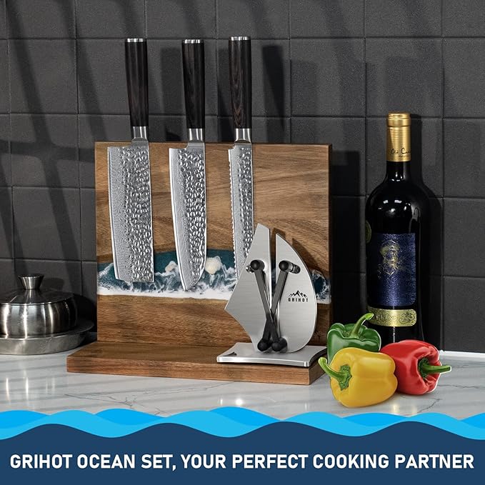 Original Sea Wave Magnetic Knife Block, Double Sided Knife Holder Holds Up To 10 Knives, Wooden Knife Storage Organizer for Counter Top without Knives (12 X 10 Inches)