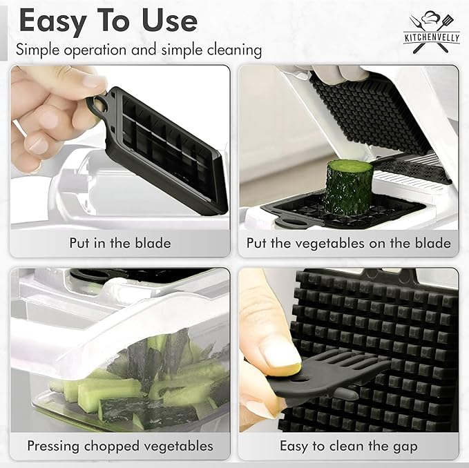 16-in-1 Vegetable Chopper and Slicer with 8 Blades – Veggie Cutter, Dicer, Food Chopper with Container & Lid – Multi-Purpose Kitchen Tool for Easy Meal Prep (Black)