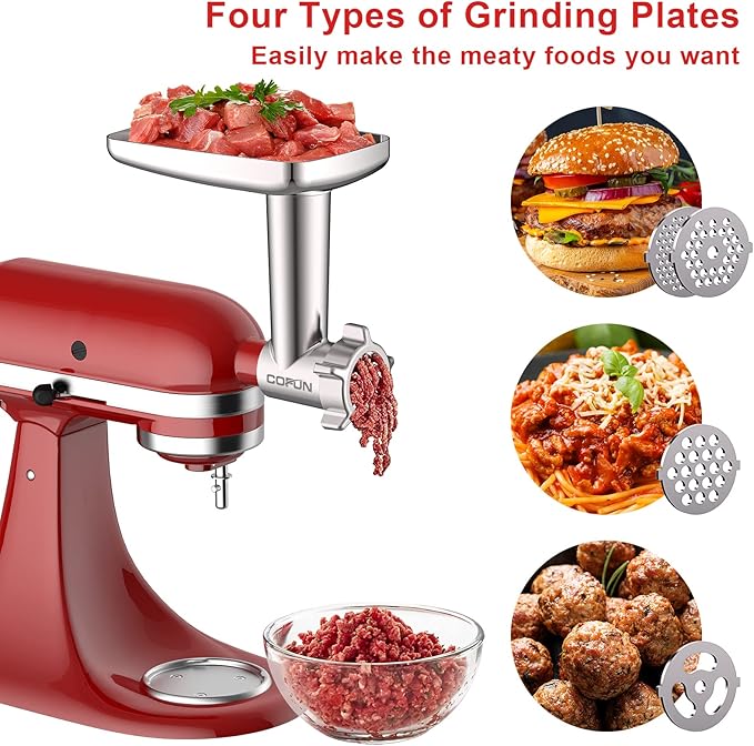 Meat Grinder & Slicer Shredder Attachments for KitchenAid Stand Mixer, Meat Grinder with Sausage Stuffer Tubes and Slicer Shredder Set, 2 Pcs Attachment Set for KitchenAid Mixers By Cofun