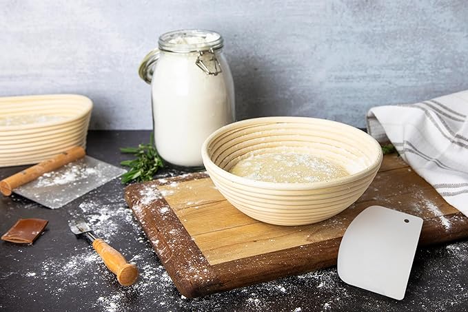 Kook Proofing Set, Sourdough Bread, 2 Rattan 9 Inch Banneton Baskets, 2 Basket Covers, Metal Scraper, Plastic Scraper, Scoring Lame, 5 Blades and Case, Baking Kit, Dough Bowls, Round Shape