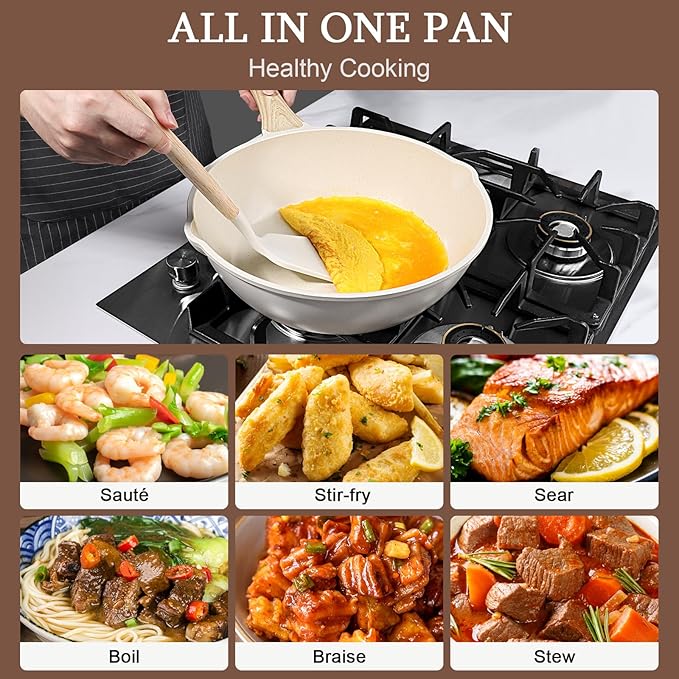 GiPP Ceramic Nonstick Deep Frying Pan Skillet, 12" Saute Pan with Lid, Induction Cookware Non Stick Cooking Pan, PTFE PFOA PFOS APEO Free,White