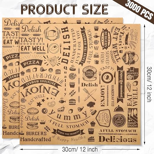 3000 Pcs 12 x 12 Inch Deli Wax Paper Sheets Grease Resistant Tray Basket Liners Newsprint Paper Water and Grease Proof Sandwich Wrapping Square Hot Dog Wrappers for Food Baking (Brown)