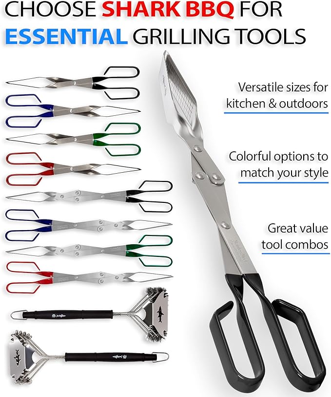 Shark BBQ Grill Tongs - 17 inch Black. Professional kitchen and outdoor grilling utensil. Long reach Barbeque Grilling Tongs. Ideal for steak, fish, burger, and sausage